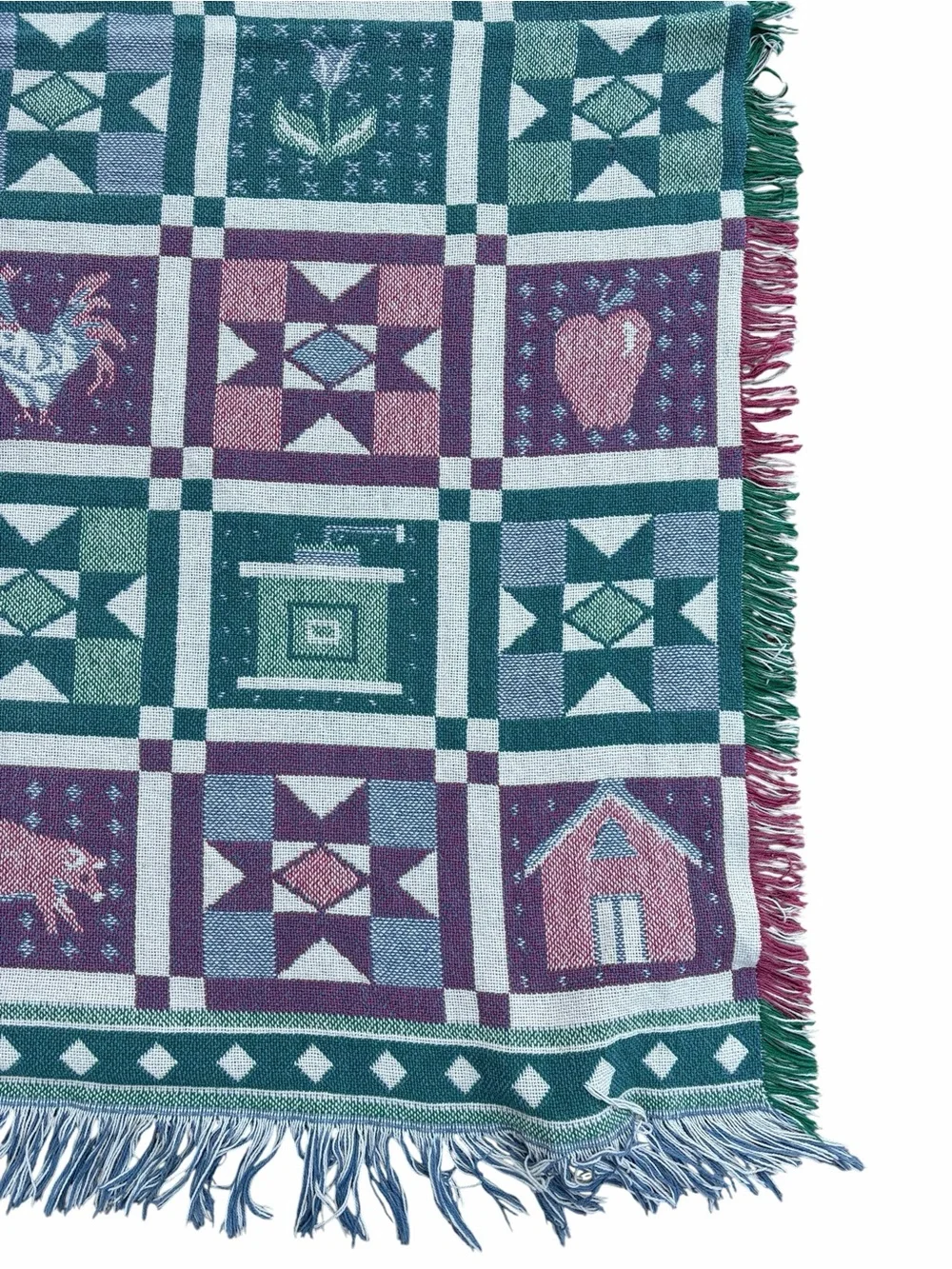 Cottagecore Woven Tapestry Patchwork Throw Blanket in Teal & Purple 100% Cotton